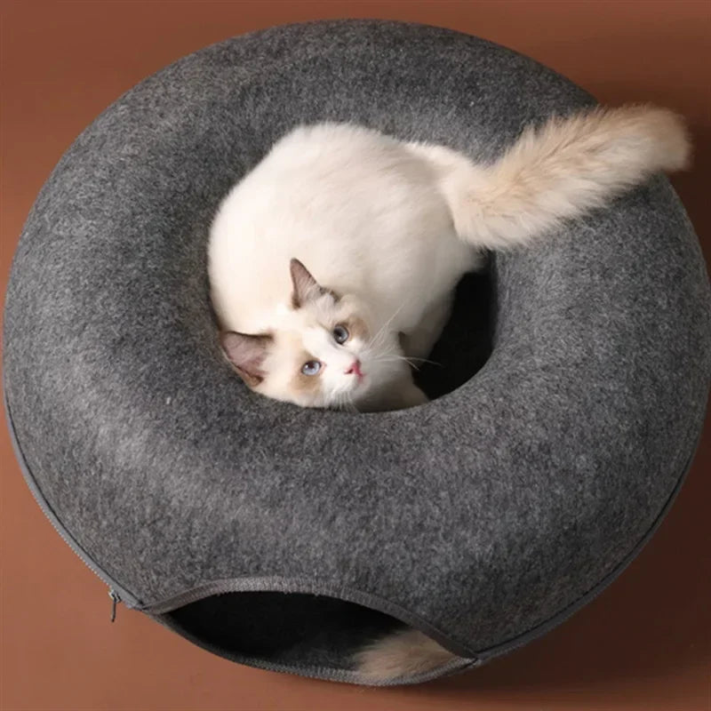 2-in-1 Felt Donut Cat Bed with Tunnel – Hideaway Cat House & Play Toy