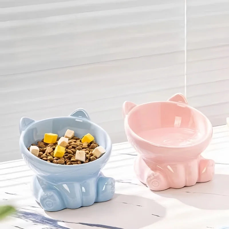 Ceramic Elevated Cat & Dog Bowl - Cute Cat Bowl