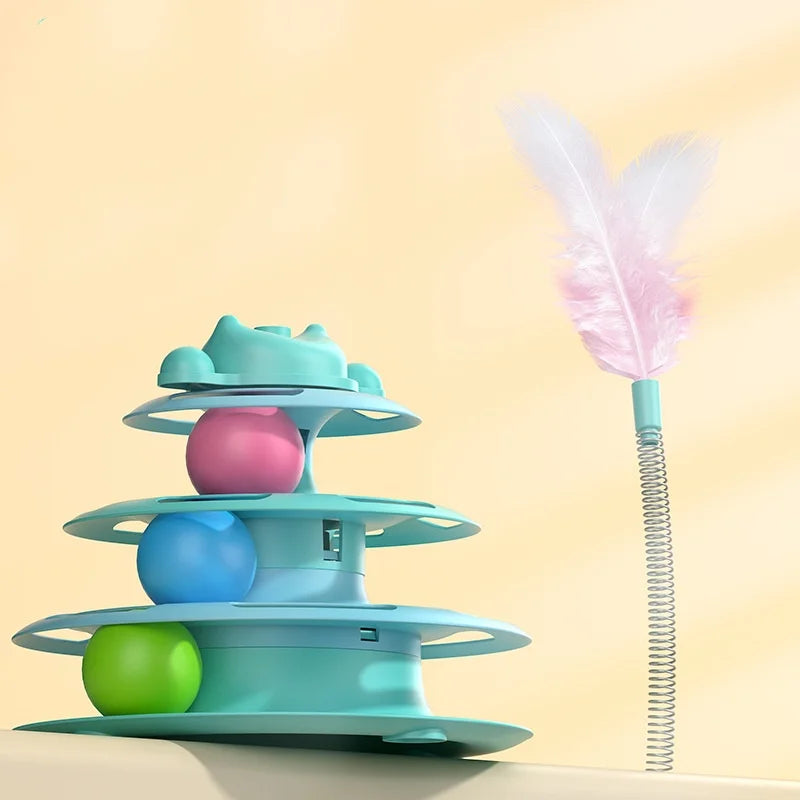 1pcs 4-Layer Feather Cat Turntable With Fun Toy Ball And Playing Stick - Interactive Toy For Cats