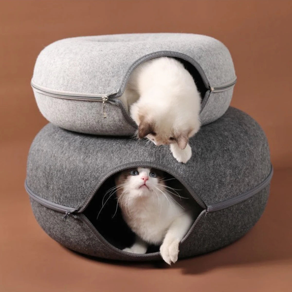 2-in-1 Felt Donut Cat Bed with Tunnel – Hideaway Cat House & Play Toy
