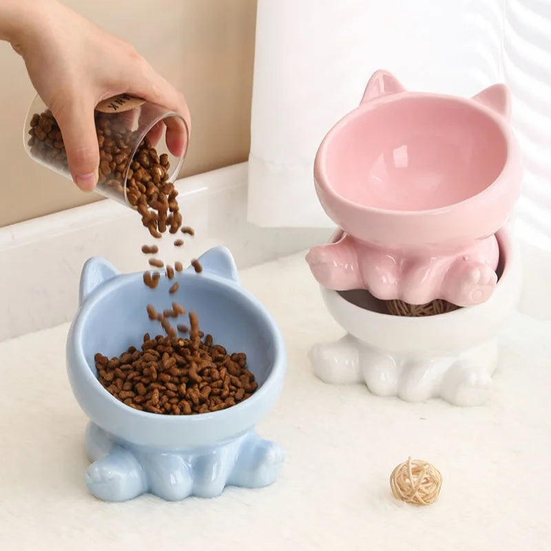 Ceramic Elevated Cat & Dog Bowl - Cute Cat Bowl
