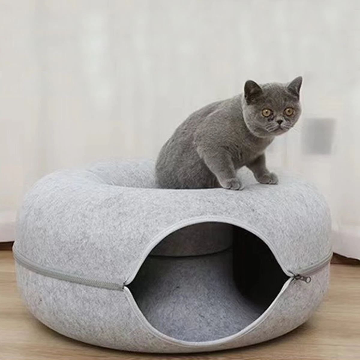 2-in-1 Felt Donut Cat Bed with Tunnel – Hideaway Cat House & Play Toy