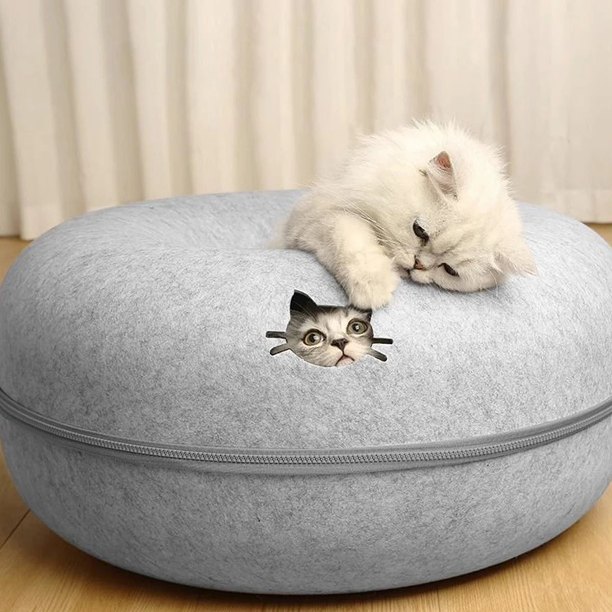 2-in-1 Felt Donut Cat Bed with Tunnel – Hideaway Cat House & Play Toy