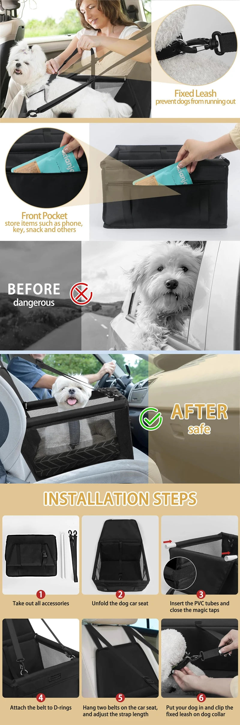 Waterproof Travel Dog Car Seat Carrier – Pet Booster Seat Hammock for Small & Medium Dogs and Cats